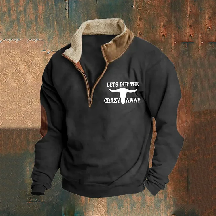 Men's Retro Western Print Zipper Stand Collar Sweatshirt