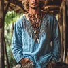 Men's Bohemian Holiday Style Vintage Linen Printed Casual Long Sleeve Top by Inlyline