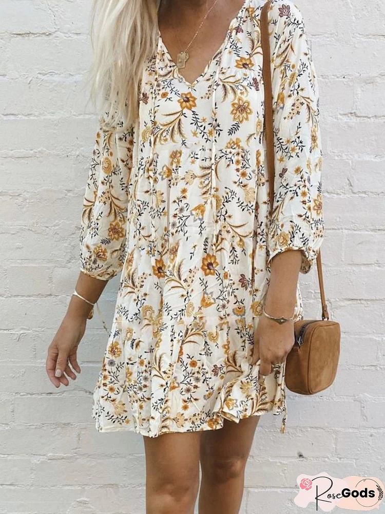 Floral Loosen Boho Long Sleeve Woven Dress