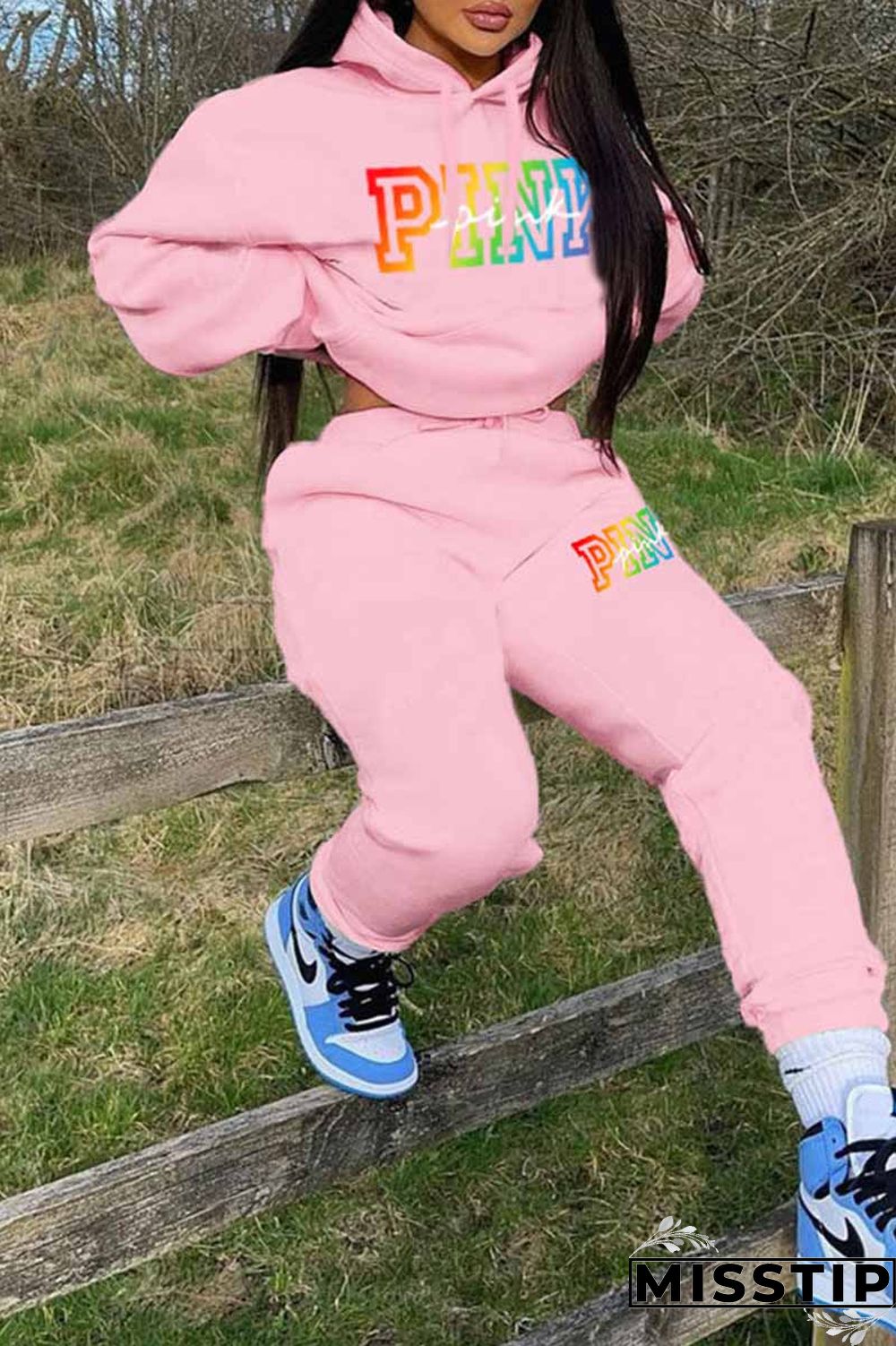 Pink Casual Print Letter Hooded Collar Long Sleeve Two Pieces