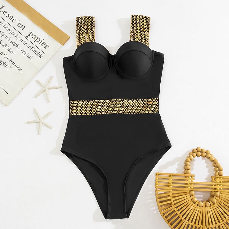 Flaxmaker Sequin Decor Push Up Underwire Black One Piece Swimsuit