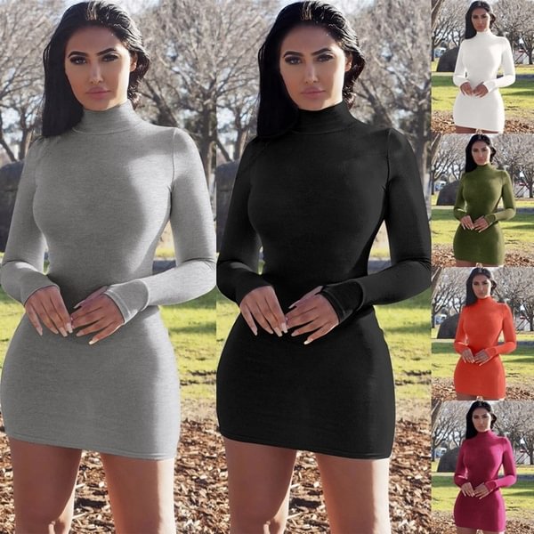 Autumn Winter Dress Casual Women High Collar Long Sleeved Slim Bodycon Mini Bottoming Dresses Robes