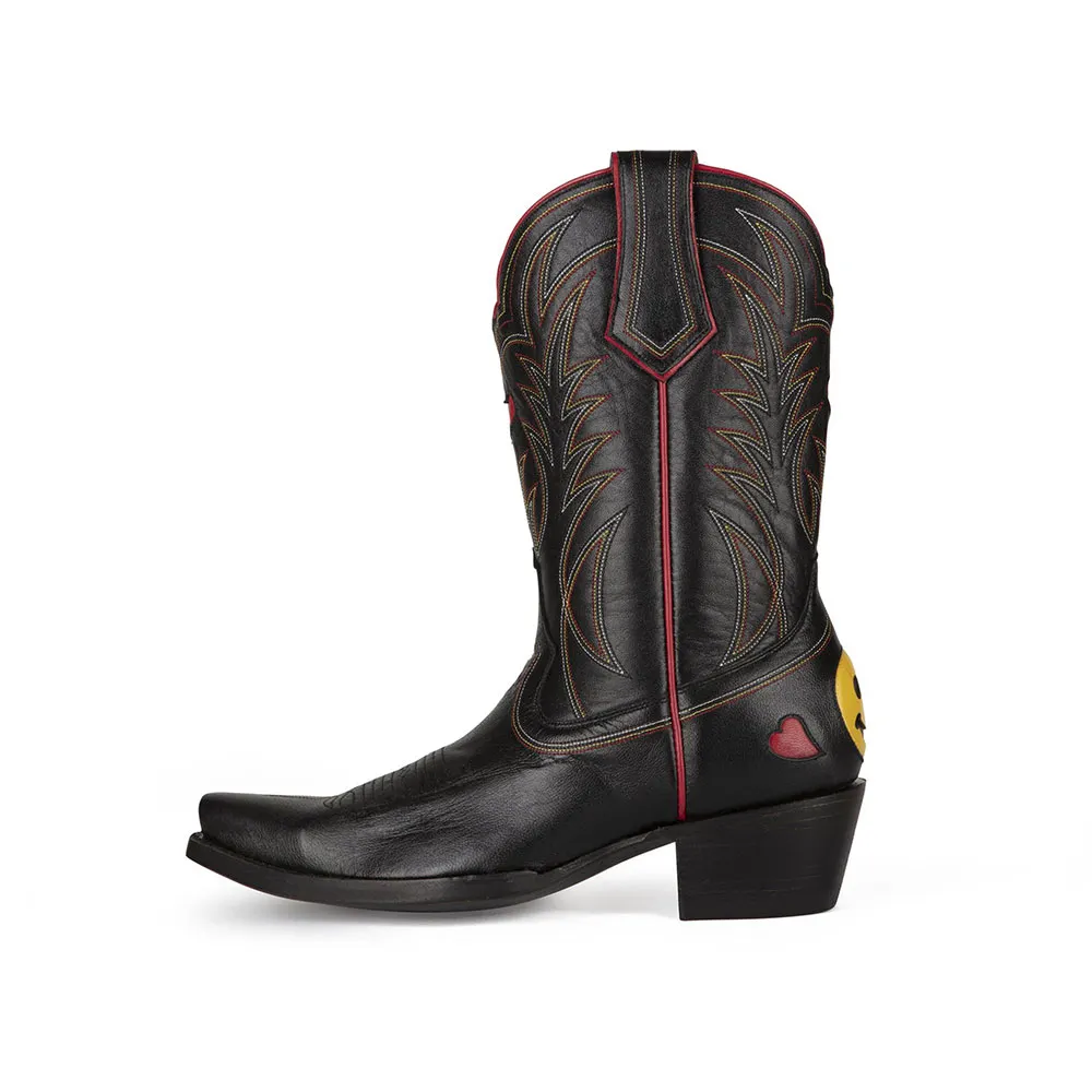Black Chunky Heel Embroidered Mid-Calf Cowboy Boots for Women