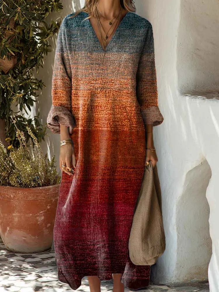 Women's Autumn Gradient Striped Art Print Dress