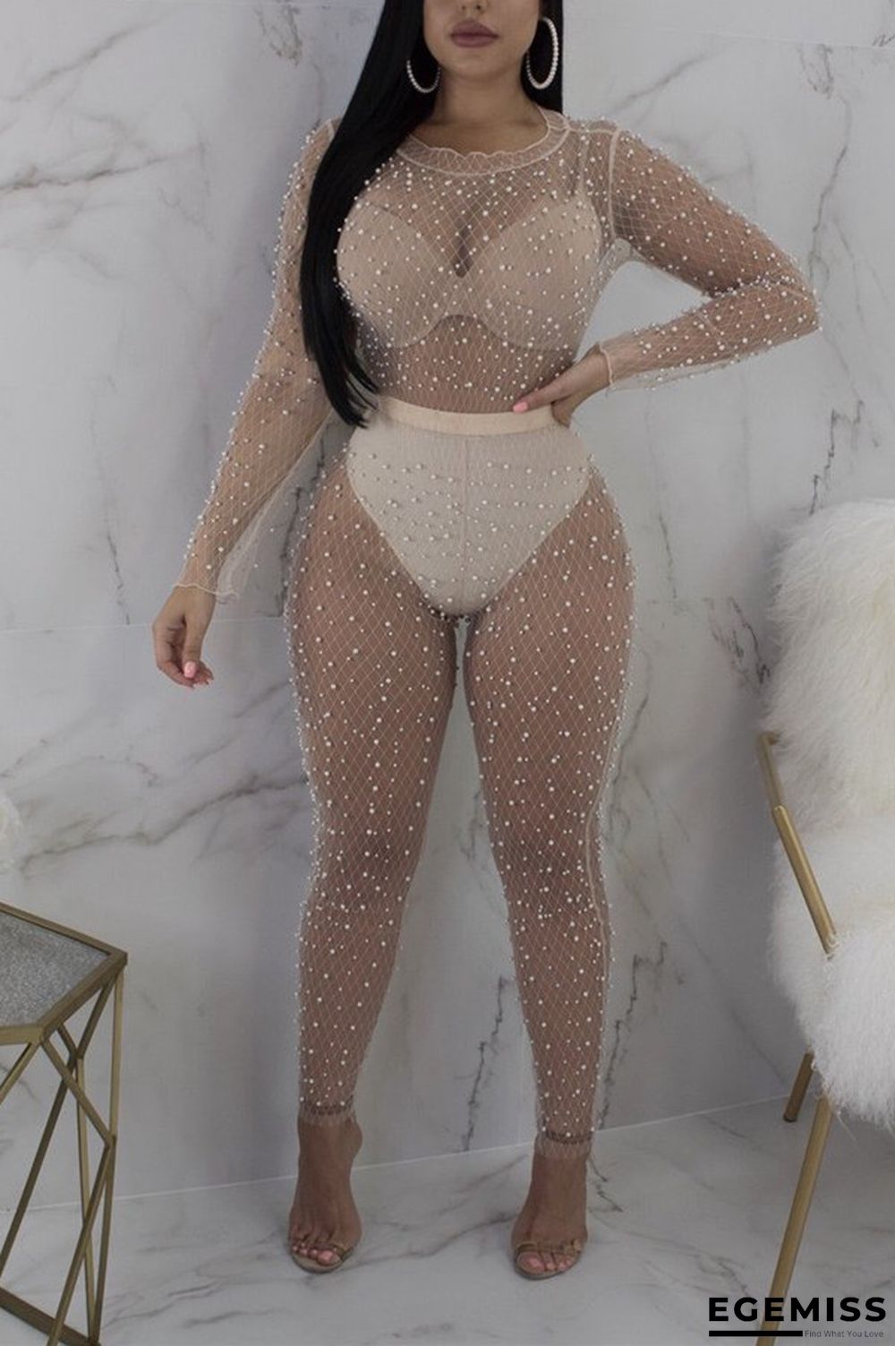 Apricot Perspective Hollowed-out Two Pieces Set | EGEMISS