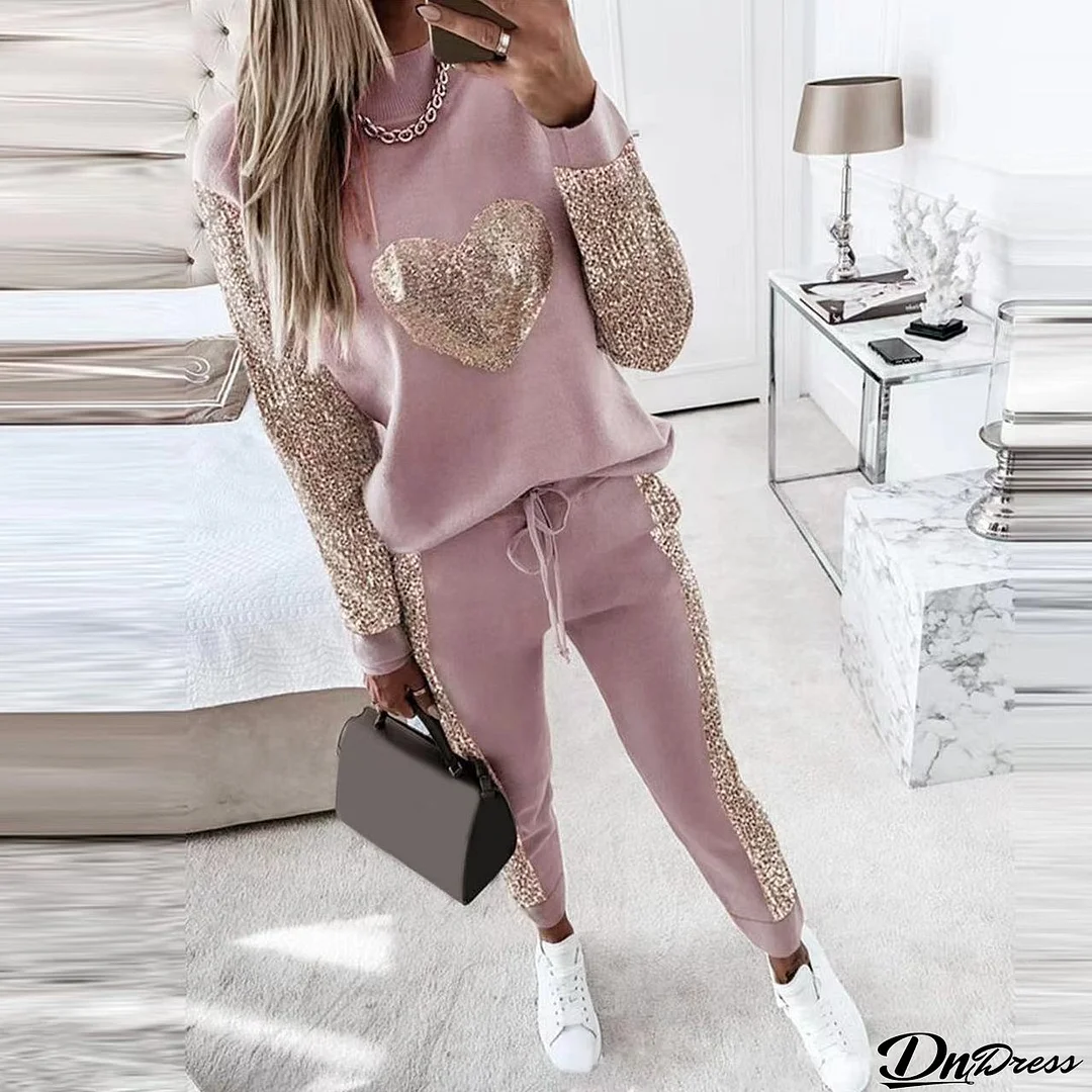 Women Heart Print Sequin Top and Pant Casual Two-piece Set