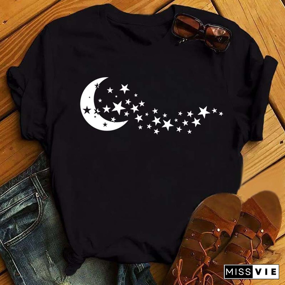 Maycaur Women Harajuku T Shirt New Moon Star Printed T Shirt O-Neck Summer Short Sleeve Tees Women Clothes Graphic T Shirts