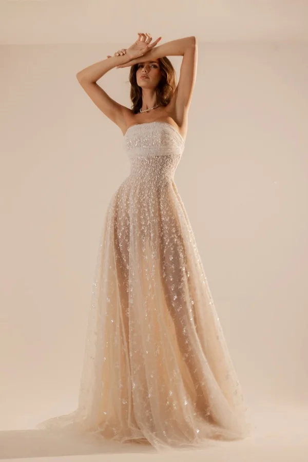 Elegant Straight Across Sequins A-Line Sleeveless Tulle Prom Dress YK0107