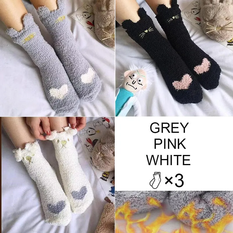 FINETOO 3Pair/Set Women Autumn and Winter Socks Plush  Thick Warm Socks Coral Velvet Animal Sleeping Non-slip Home Floor Socks