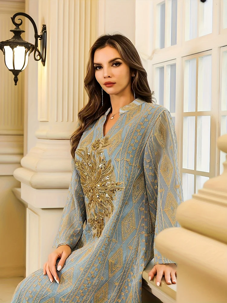 Luxury Muslim Women's Abaya Toga Dress | Golden Embroidery, Middle Eastern Style, Long Sleeve, Polyester | For Weddings & Formal Events, Loose Fit, Geometric Pattern, Hand Wash Or Dry Clean, Muslim Clothe