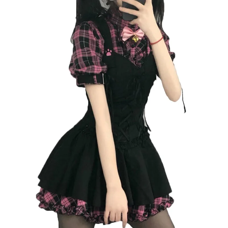 Jangj Lolita Y2k Mini Dress E Girl Black Pink Plaid Vestidos Korean Japanese Kawaii Jurken Cyber Y2k Clothes Harajuku Robe Women Dress