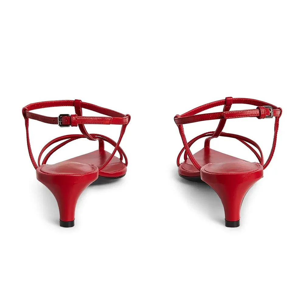 Red Vegan Leather T-Strap Open Toe Simple Women's Heel Sandals