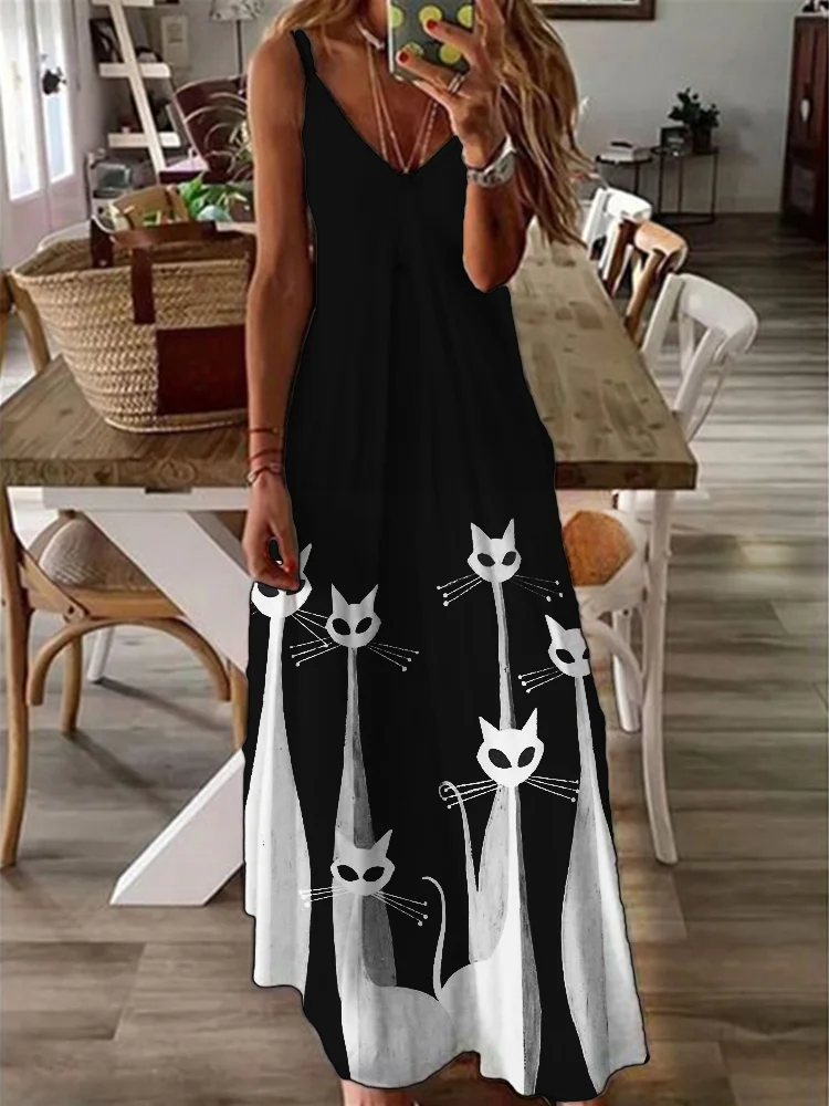 Cats Art V Neck Cami Maxi Dress