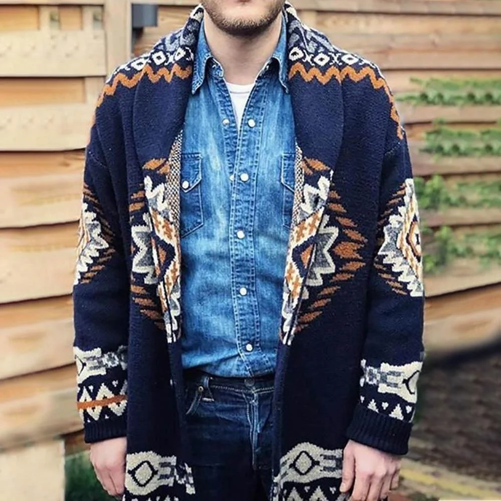 Ethnic Geometric Jacquard Lapel Collar Man Coat