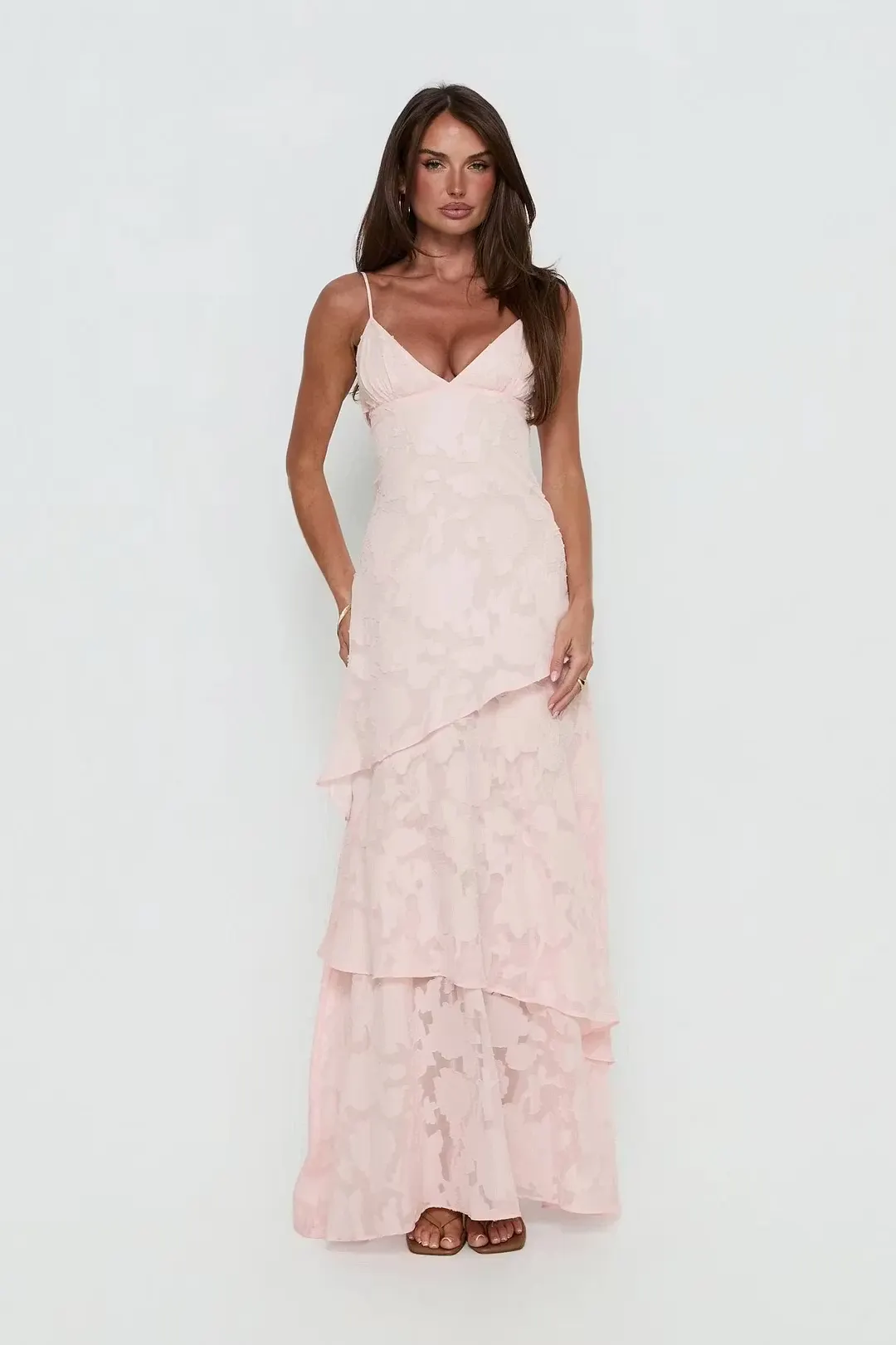V-Neck Spaghetti Straps Sleeveless High-Waisted Long Prom Dress With Appliques Wellcucu ZJ0145
