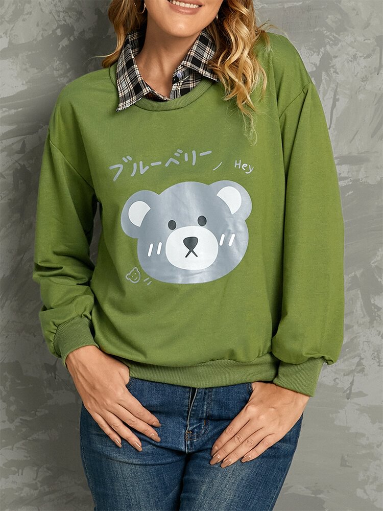 Cutie Bear Print Patchwork Plaid Lapel Collar Causal Sweatshirt