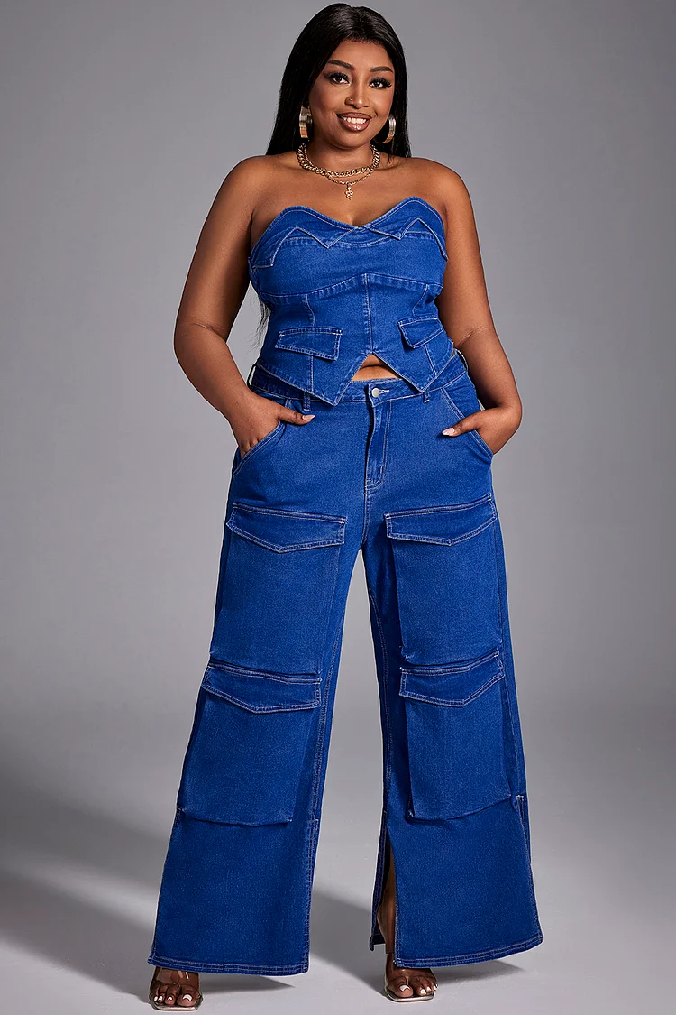 Xpluswear Design Plus Size Daily Pant Set Blue Denim Pocket Design Tube Top Cargo Two Piece Pant Set [Pre-Order]