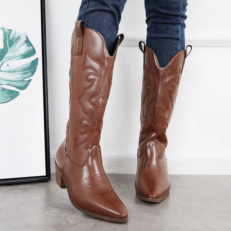 Embroidered Mid Calf Cowboy Boots Western Chunky Heel Boots