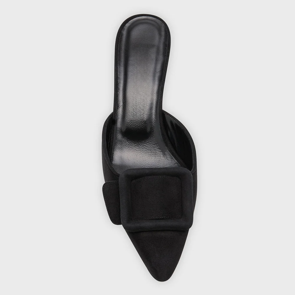 Black Vegan Suede Kitten Heel Slip On Pointy Toe Mules with Buckle