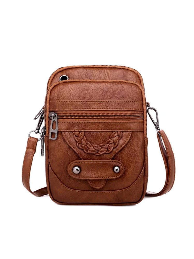 Women Solid Color Zipper Soft PU Mini Shoulder Bags Messenger Bags (Brown)