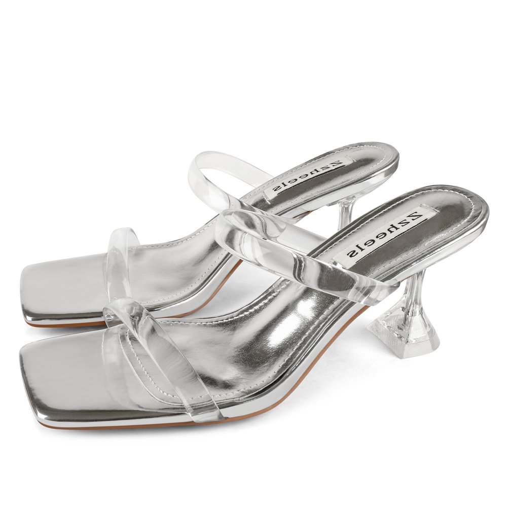 7cm/2.76''   Clear Chunky Heels for Women Low Heels Square Toe Shoes Sandals Women's Slippers