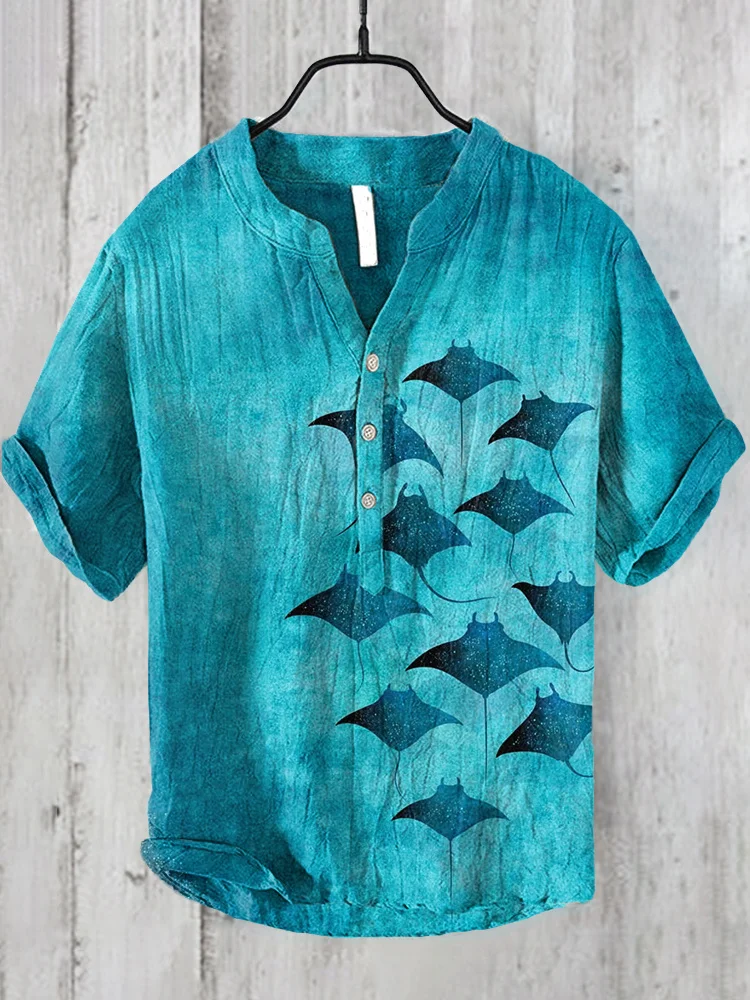 Manta Rays Art Print Linen Blend Casual Shirt