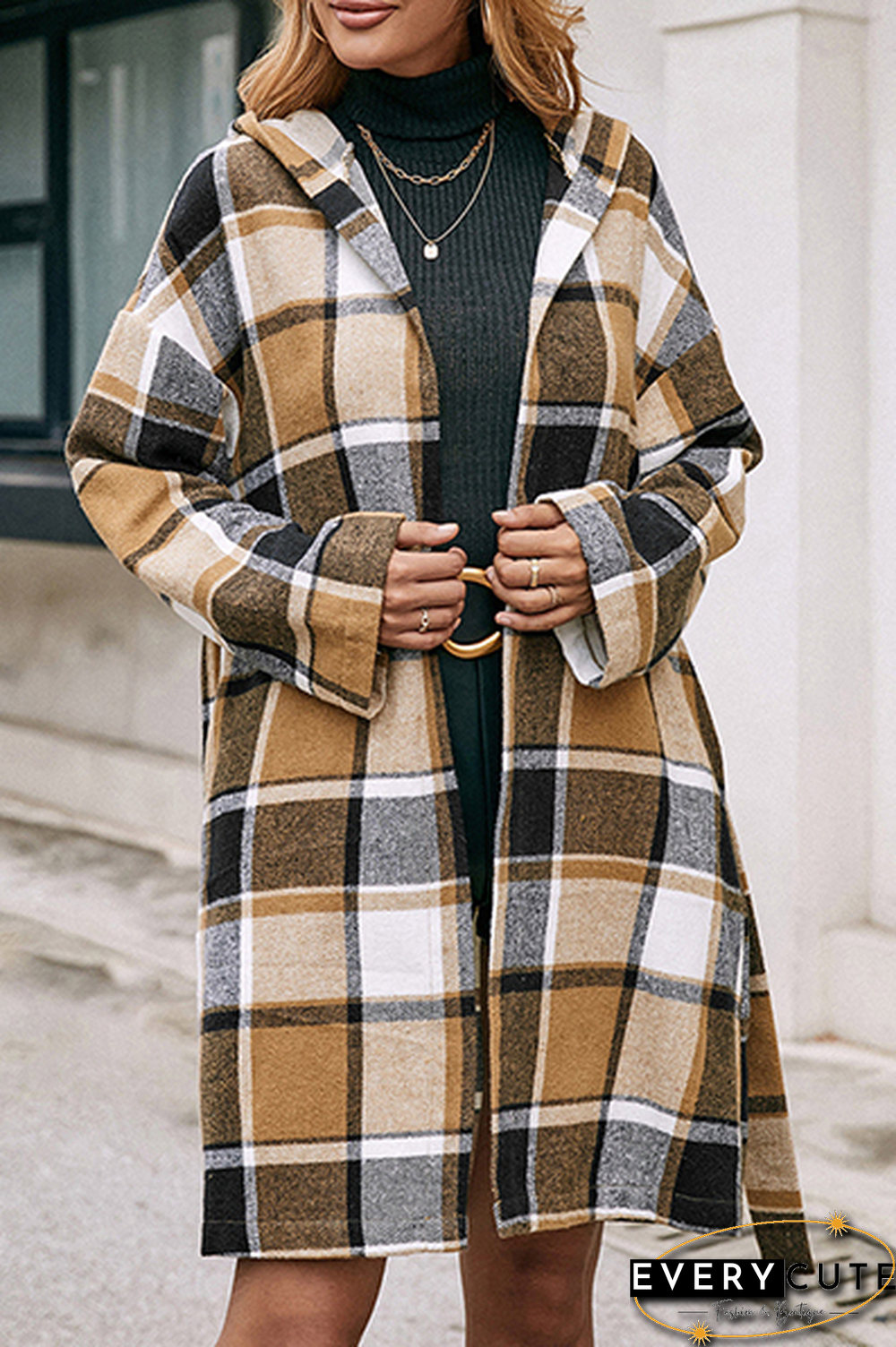 Fashion Elegant Geometric Pocket With Belt Hooded Collar Outerwear