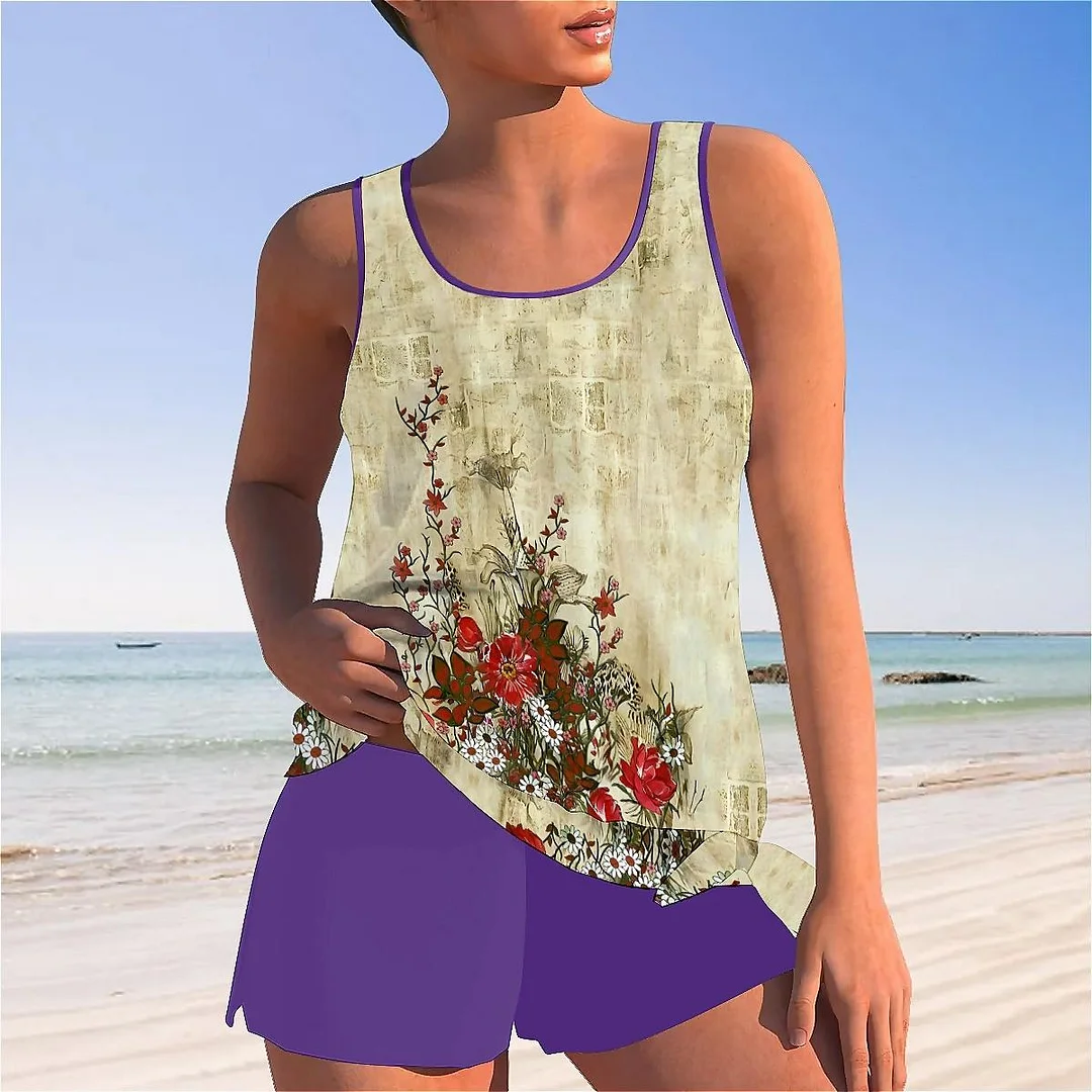 Bowknot Floral,Red,Beige,Gray Mid Waisted Tankini Set - Plus Size Available
