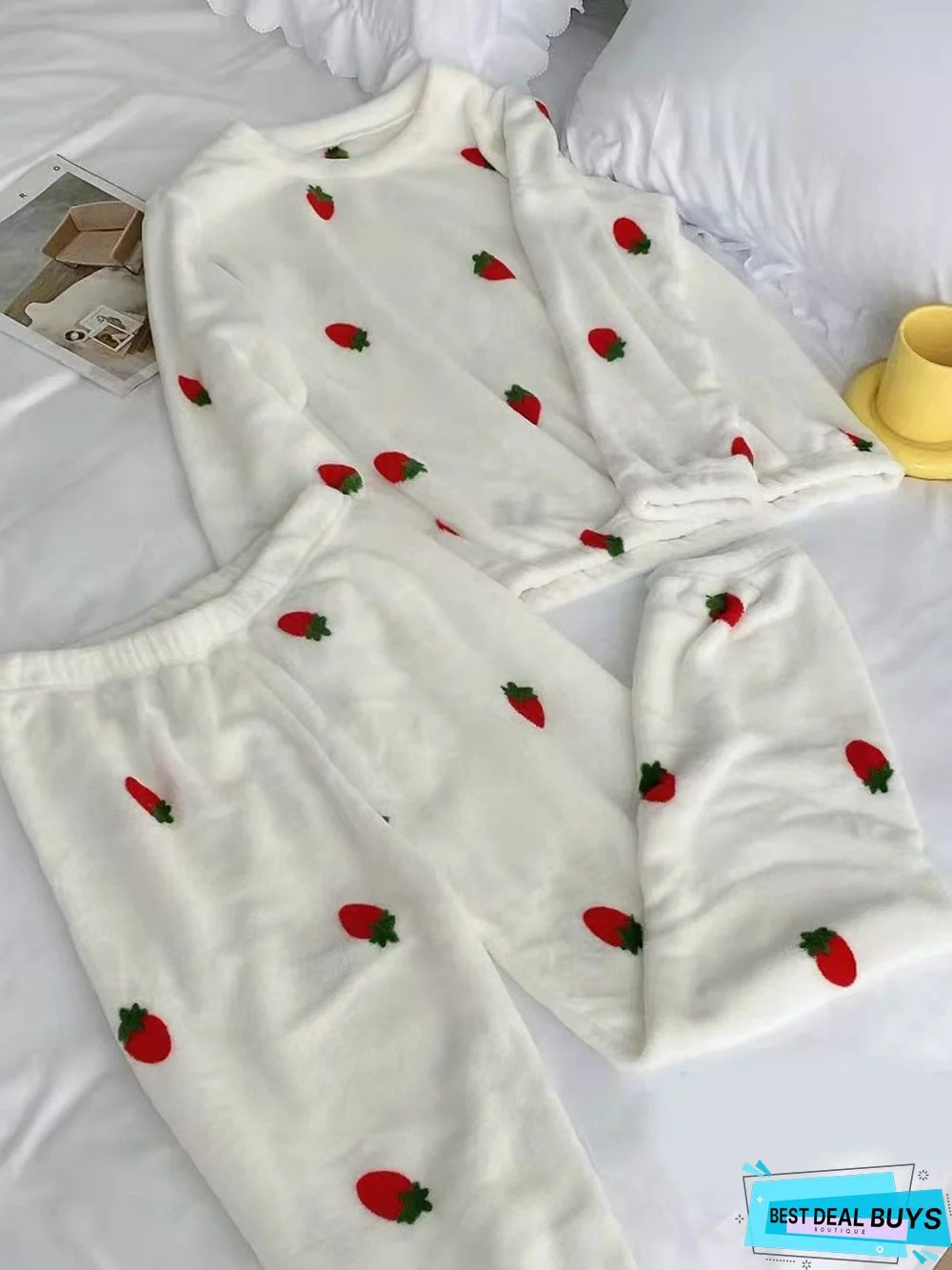 Strawberry Print Long Sleeve Pants Casual Loungewear Two Piece Plus Size