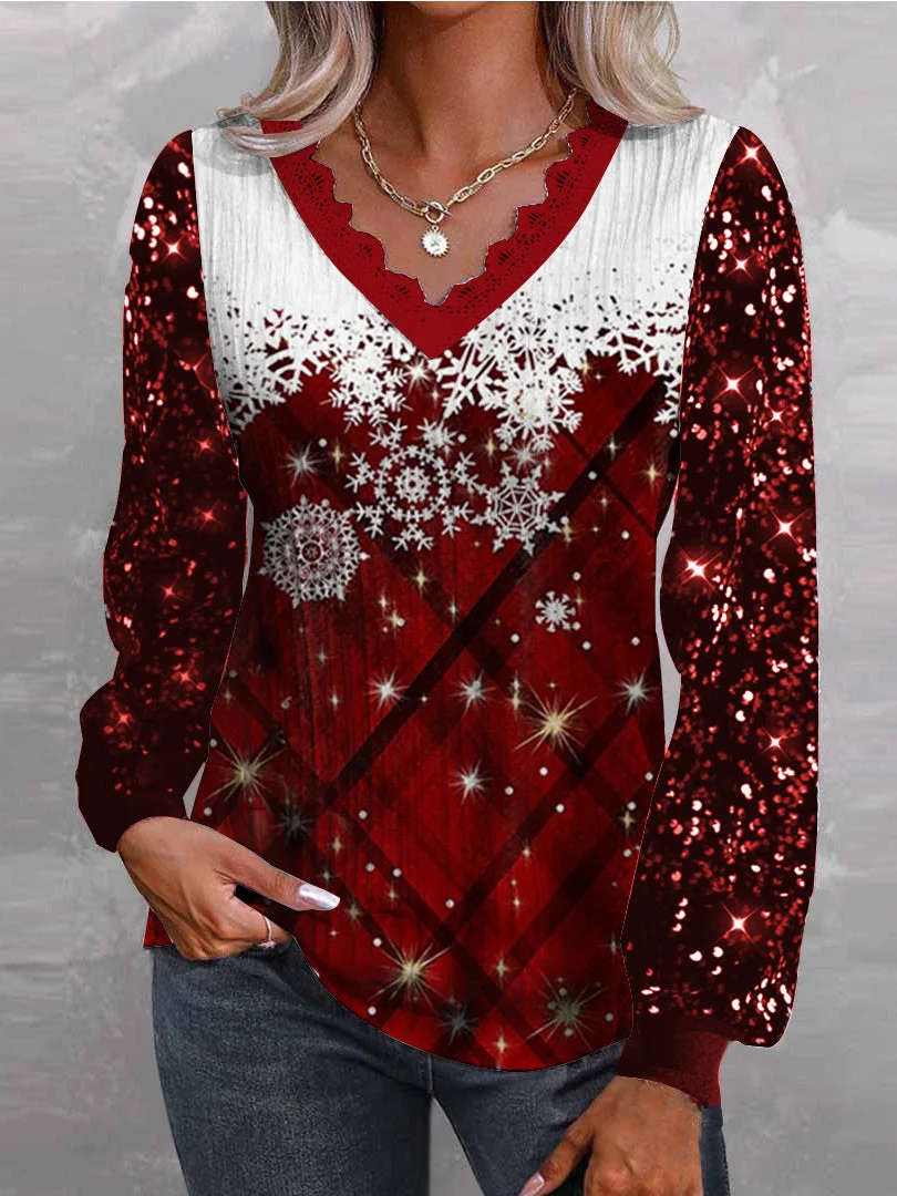 Women Long Sleeve V-neck Printed Snowflake Lace Sequins Christmas Tops