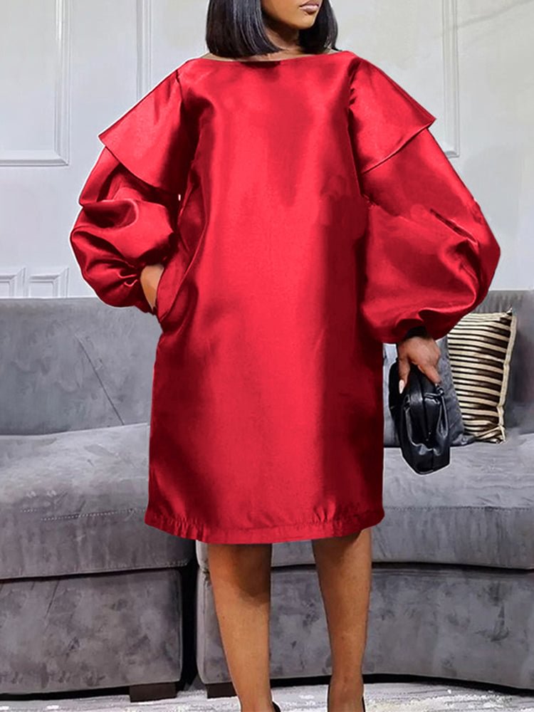 Large size, solid color, glossy fabric, long sleeves, lantern sleeves, A-line women's dresses QueenFunky