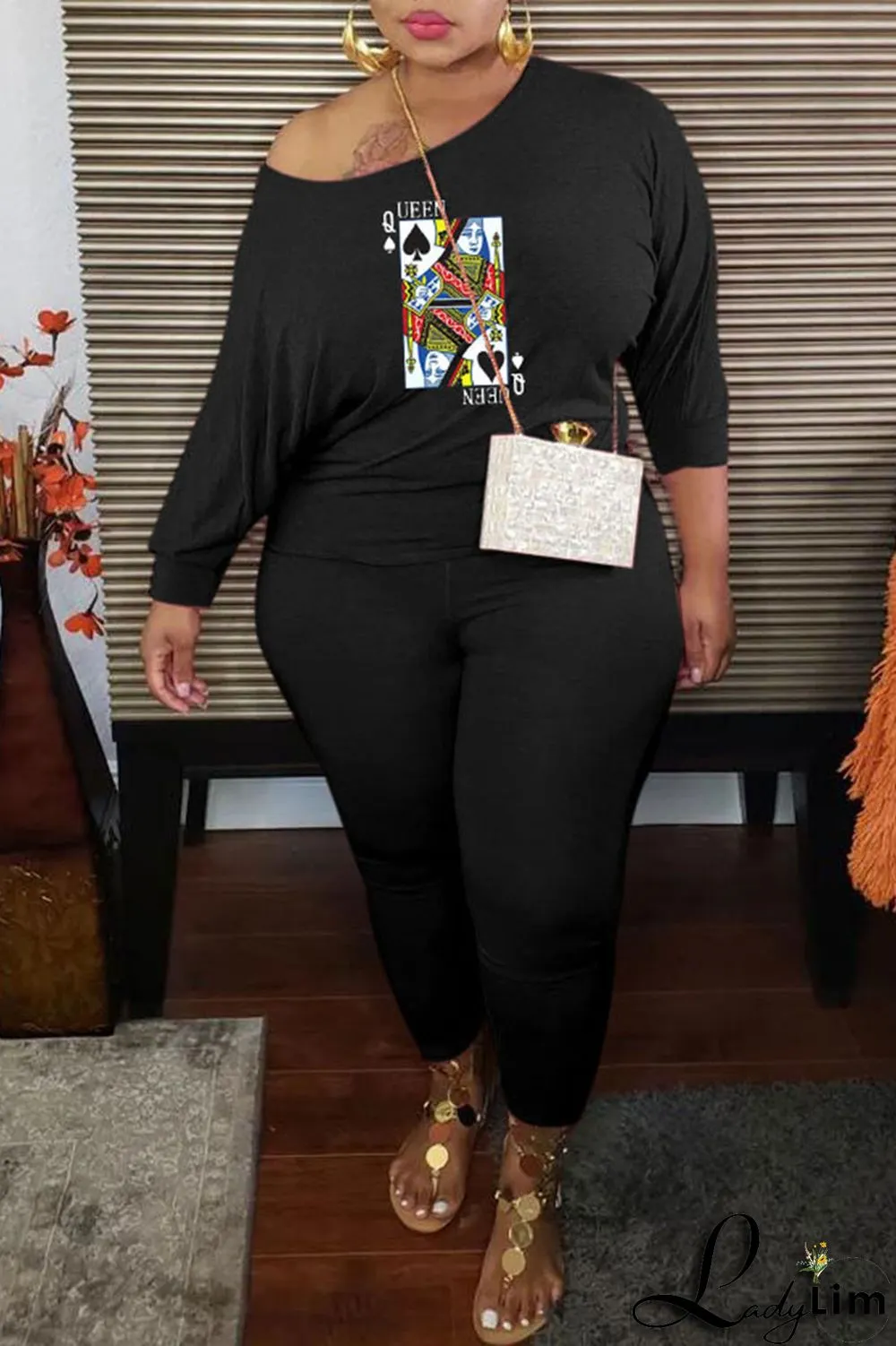 Black Fashion Casual Print Basic O Neck Long Sleeve Plus Size Two Pieces