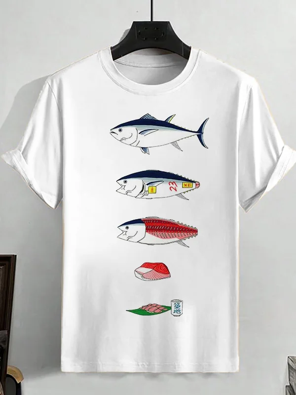 Men's Sardine Japanese Art Print Cotton Casual T-Shirt