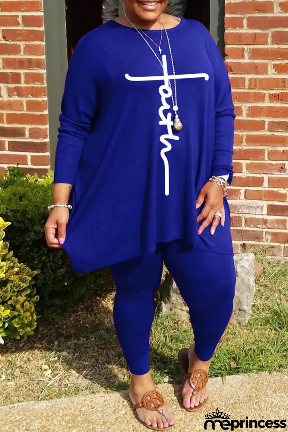 Grey Fashion Casual Print Basic O Neck Plus Size Two Pieces