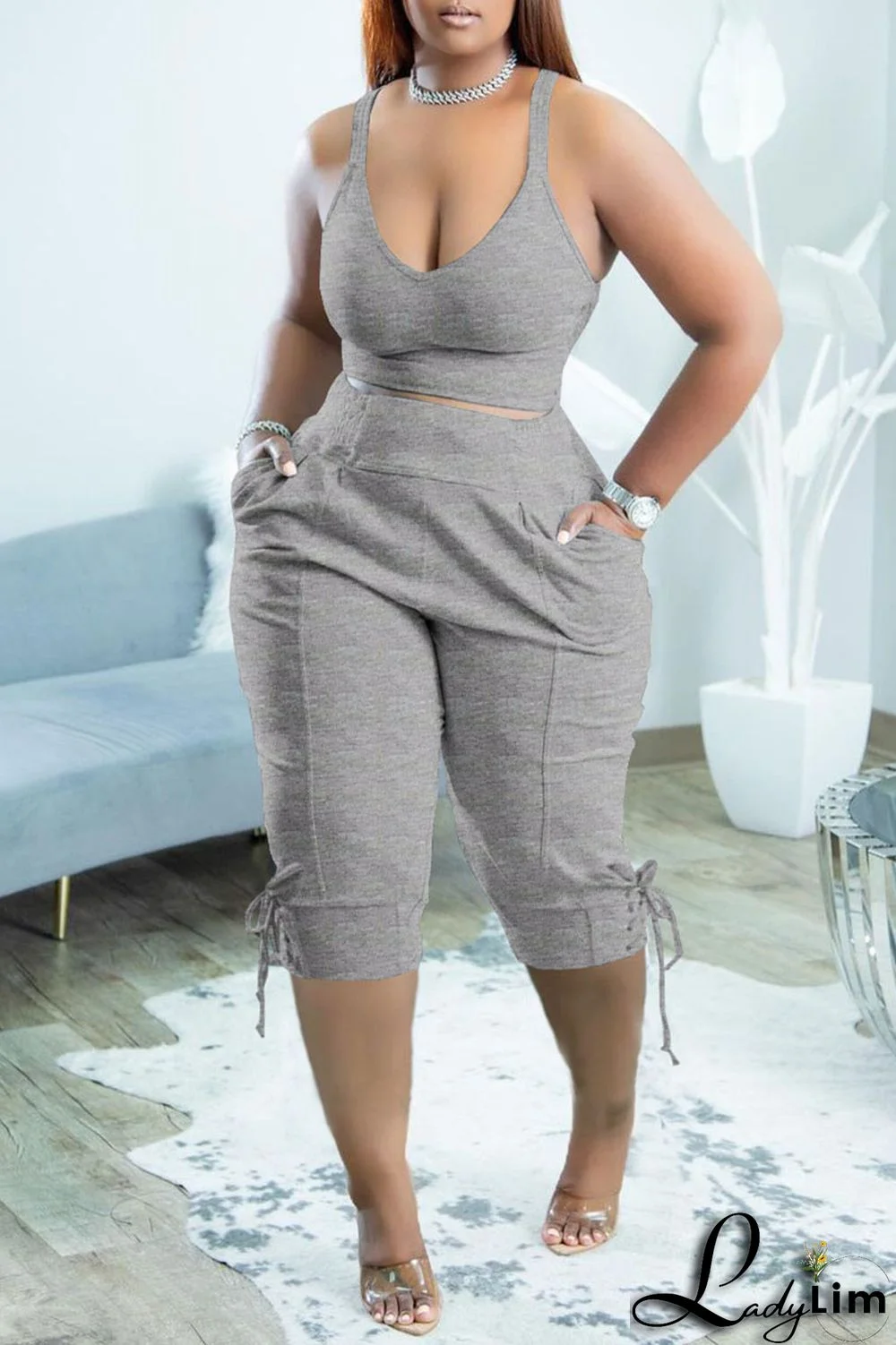 Blue Sexy Solid Split Joint V Neck Two Pieces