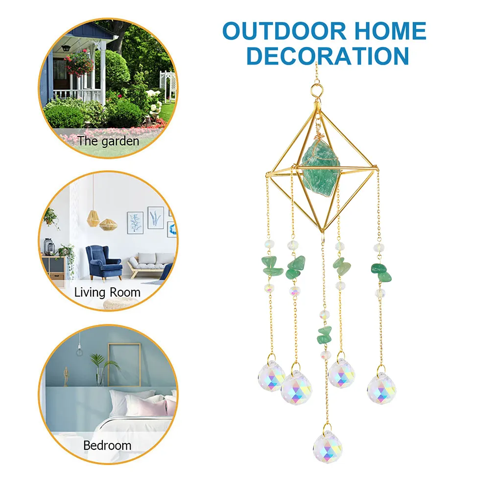 Crystal Wind Chimes Natural Stone Prism Light Catcher Garden Decor (Green)