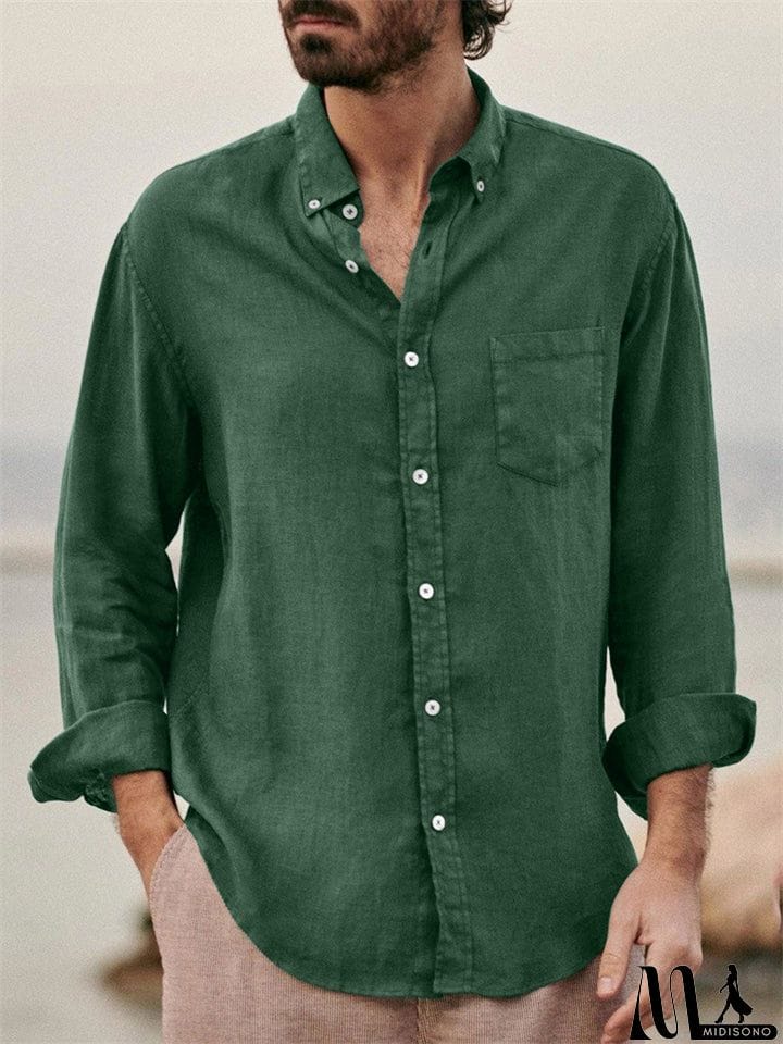 MidiSono - Men's Casual Plain Lapel Button Down Roll Up Sleeve Shirts