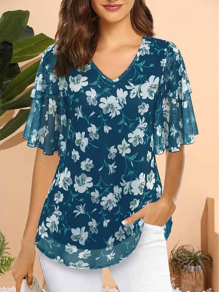 Floral Double Layers Mesh Tunic Tops - Casual Dressy Blouse For Women - Short Sleeve