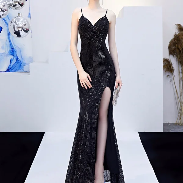 New Women Sexy Sequin Spaghetti Straps Dress Deep V Neck Sleeveless High Slit Dress Prom Formal Cocktail Pageant Party Dress Long Evening Dress