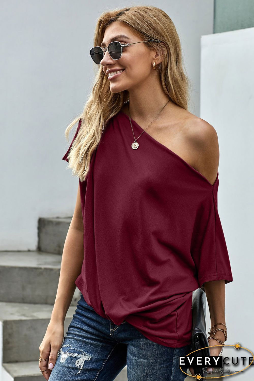 Red Off-The-Shoulder Slash Neck Casual Loose Fitting Top