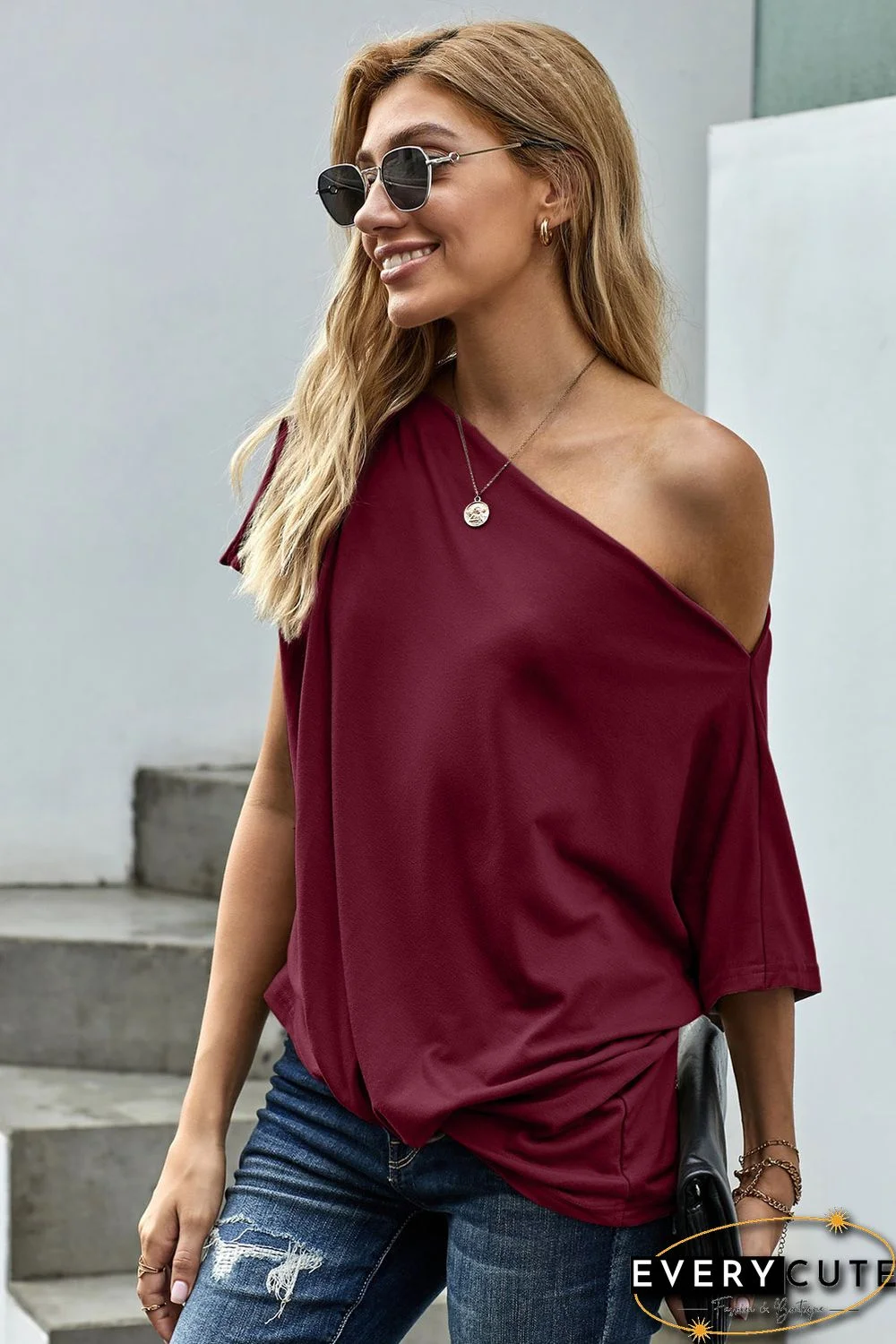 Red Off-The-Shoulder Slash Neck Casual Loose Fitting Top