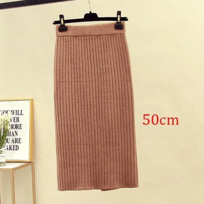 2020 Women's Spring Pencil Knitted Skirt High Waist Warm Elegant Knitting Ribbed Party Skirt Black Solid Ladies Office Skirts
