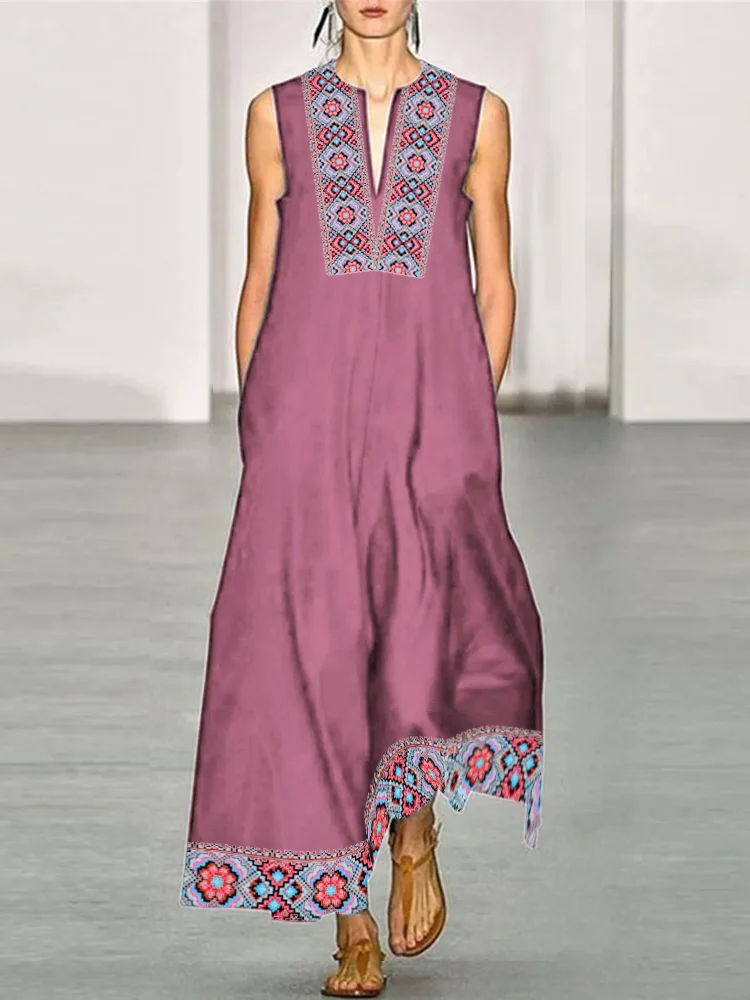 Classic Ethnic Floral Embroidery Pattern Women's V-Neck Maxi Dress
