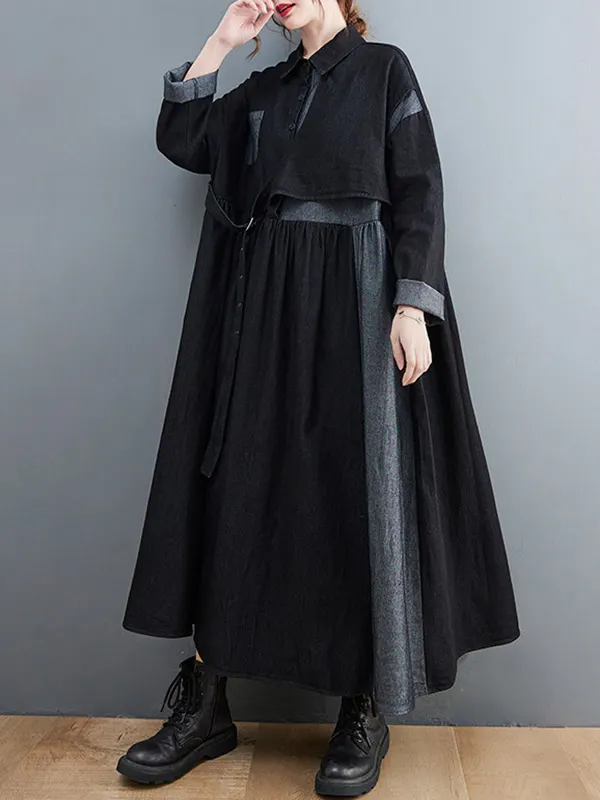 Long Sleeves Loose Pleated Split-Joint Tied Waist Lapel Midi Dresses Shirt Dress