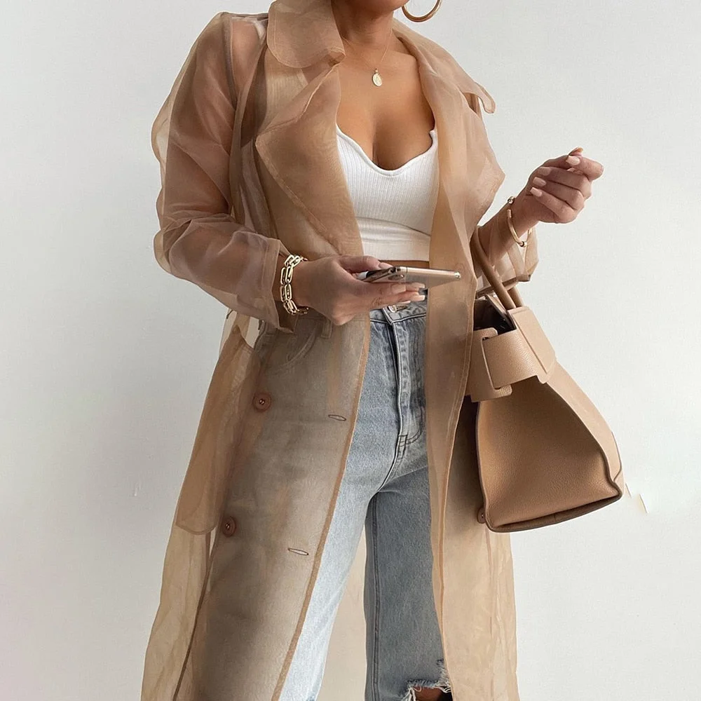 Back to School 2022 Women Fashion See Through Outdoor Tops Lace Up Spring Solid Sheer Mesh Long Sleeve Buttoned Coat With Belt Elegant Shirts