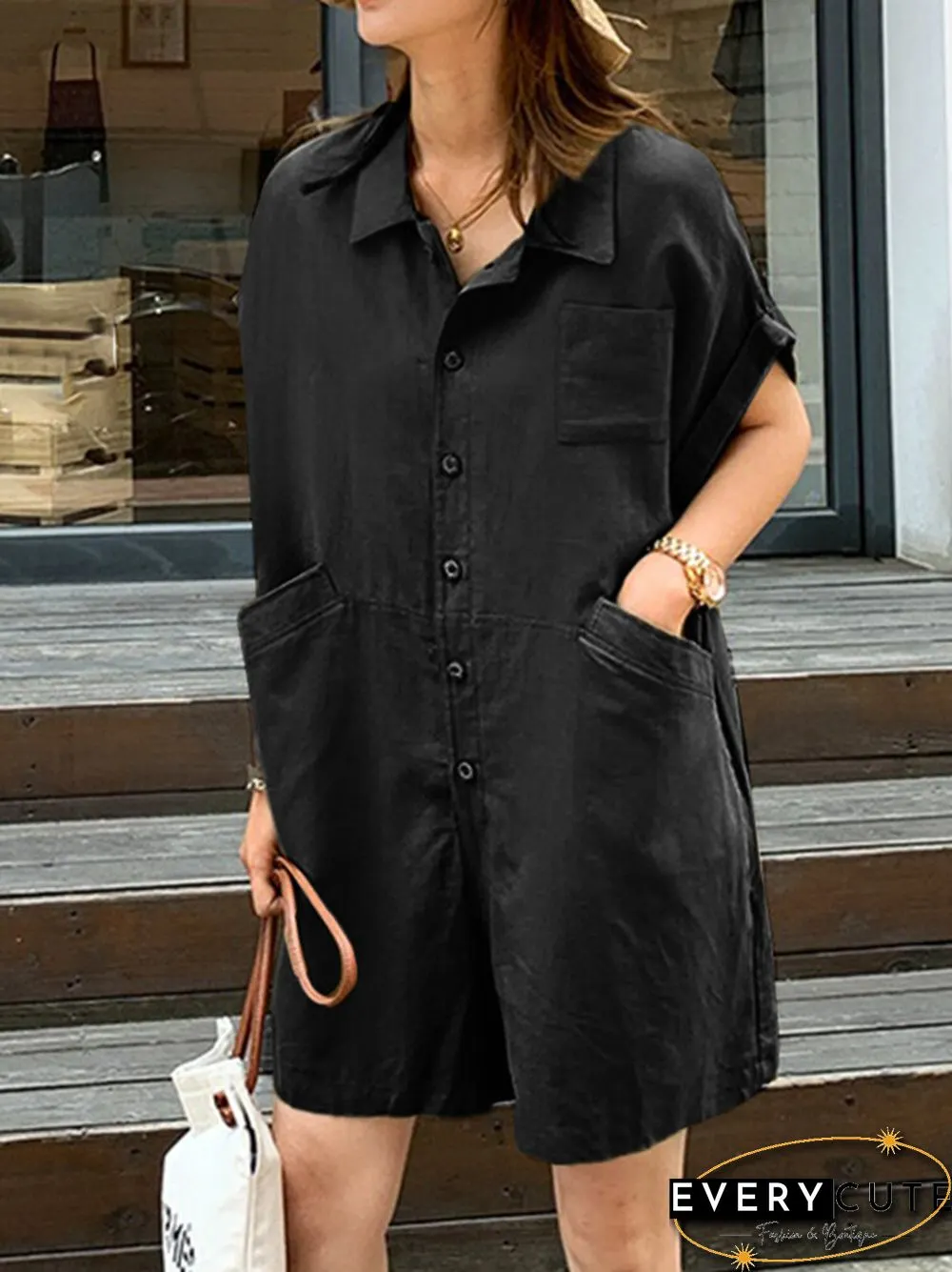 Solid Loose Pocket Button Lapel Short Sleeve Romper