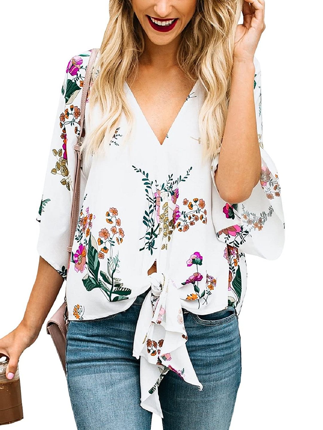Womens Floral Blouses Summer Short Bat Sleeve Tie Front Tops Loose Fitting Shirts