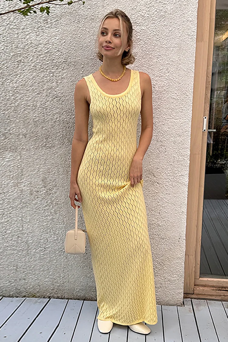 U Neck Solid Color Slim Fit Knit Hollow Out Pattern Maxi Tank Dresses-Yellow