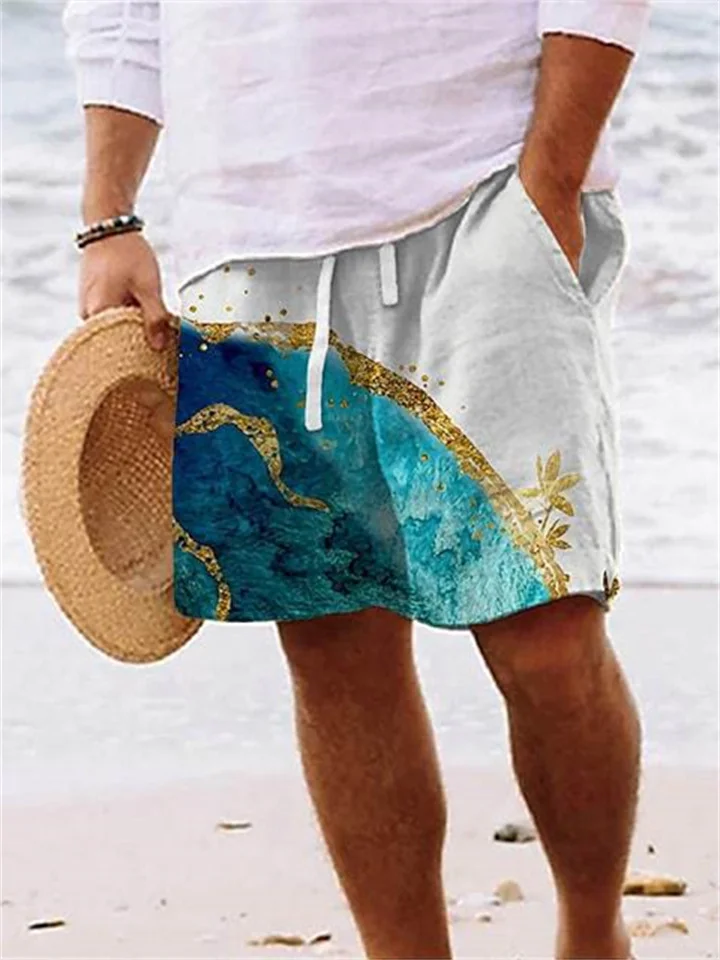 Printed Drawstring Casual Shorts Blue Red Beach Pants Men's Summer Shorts