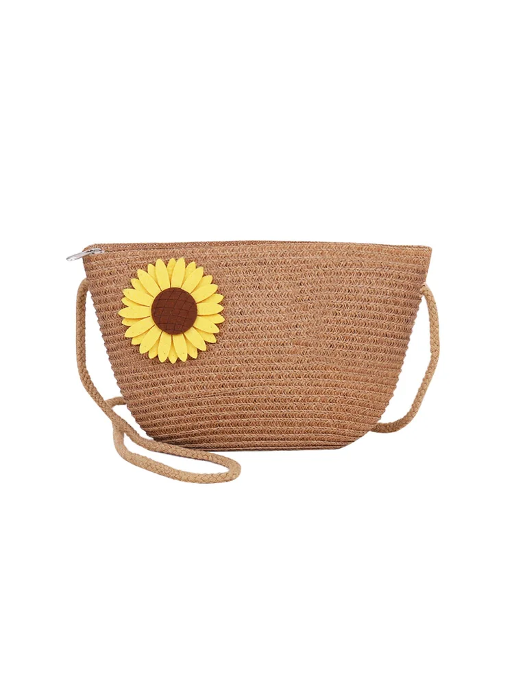 Women Fashion Straw Weave Flower Zipper Shoulder Crossbody Bag Beach Purse